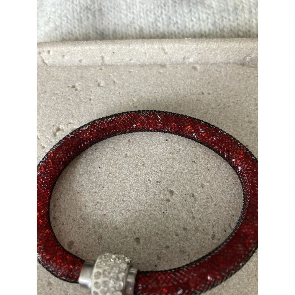 Red Crystal Tube Bracelet Mesh Rhinestone Barrel Clasp Sparkly Magnetic
